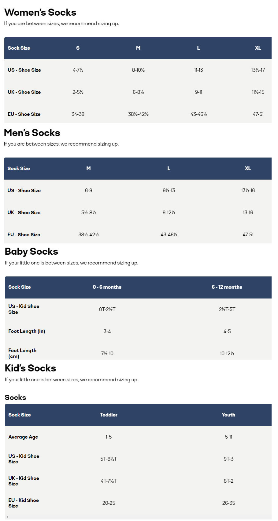 Bombas Socks Size Guide